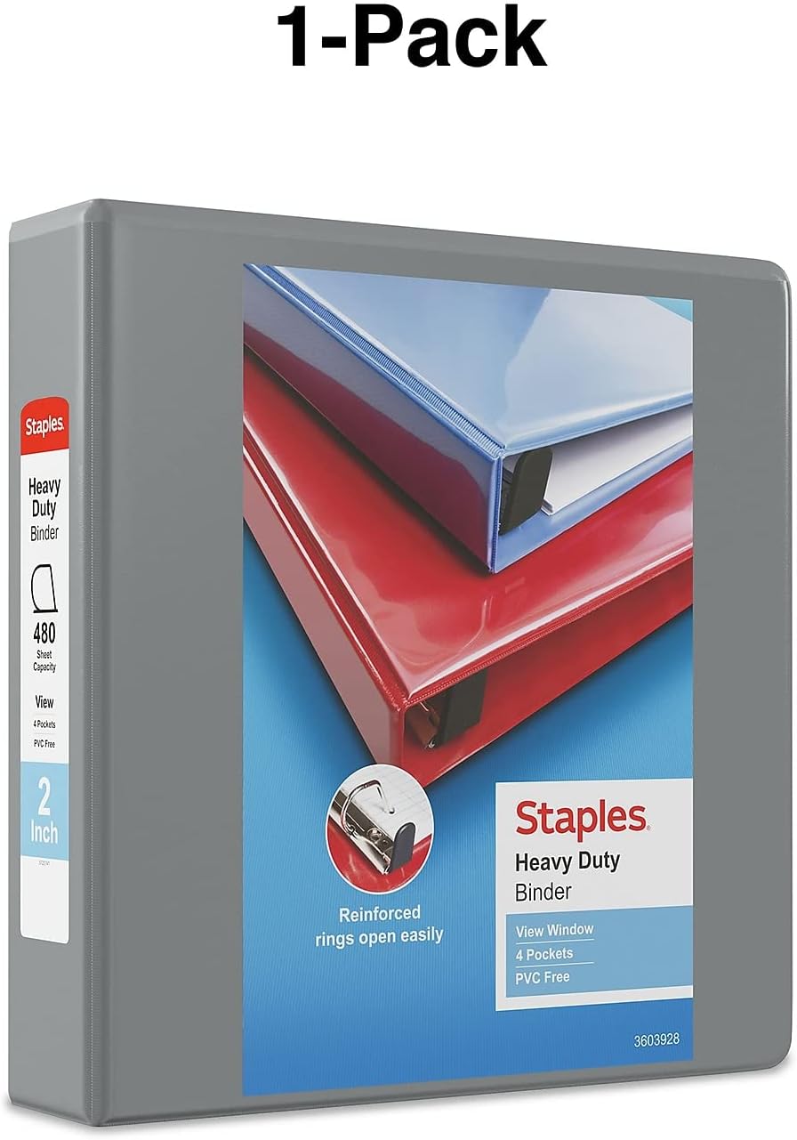Staples Heavy-Duty 2-Inch D-Ring View Binder, Reinforced Spine, Holds Up to 450 Sheets, Gray, for Office & School