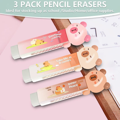 4Pcs Cute Pink Capybara Retractable Eraser and Capybara Pencil Sharpener,Capybara Cute Birthday Christmas Gifts Set for Kawaii Office School Home Supplies