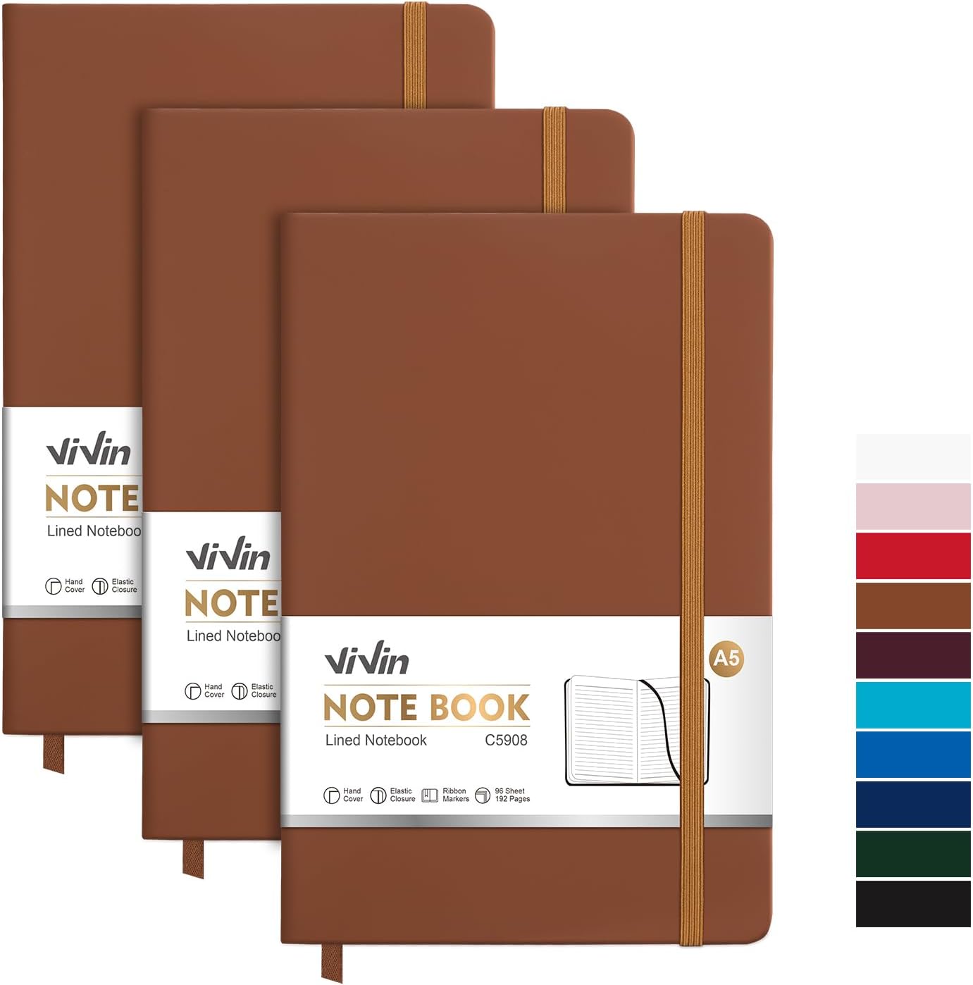 ViVin Lined Journal Notebooks for Work, 192 Pages, Medium 5.5 x 8.3 inch, College Ruled, A5 Hardcover Journaling Notebooks for Writing, 8 Pack Bulk,Black