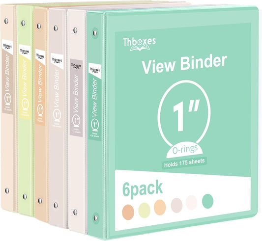 3 Ring Binder - 6 Pack, 1 Inch Binder with 2 Interior Pockets & Clear View Overlay, Large Capacity, Round Ring Binders for Office Supplies, School & Home (6 Colors)