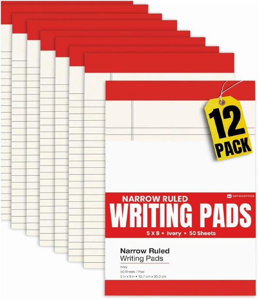 1InTheOffice Note Pads 5x8, Writing Pads, Lined Note Pads, Narrow Ruled, 50 Sheets/Pad, 12 Pack