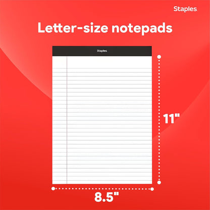 STAPLES Notepads, 8.5” x 11”, Wide Ruled, White, 50 Sheets/Pad, 12‑Pack