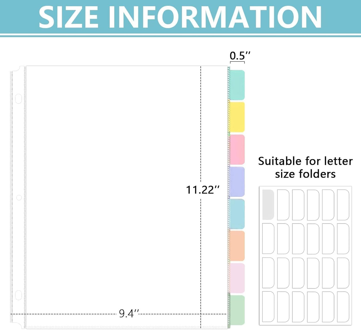 8 Set of 64 Pack Clear Binder Sheet Protectors for 3 Ring Binder Plastic Page Protector with 8 Tabs,Insertable Index Page Divider 8.5x11 Inch（Boho Color）