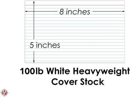 Ruled Index Cards, On 100lb Heavyweight Thick White Cover Stock. "100 per pack" (5 x 8)