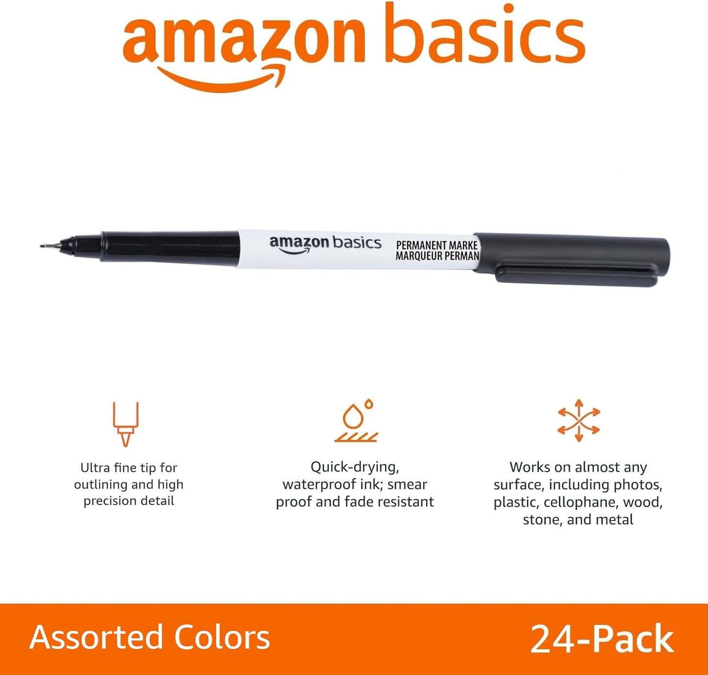 Amazon Basics Ultra Fine Point Permanent Markers for Drawing, Writing and Doodling, Quick Drying, Fade Resistant, Black, 24-Pack