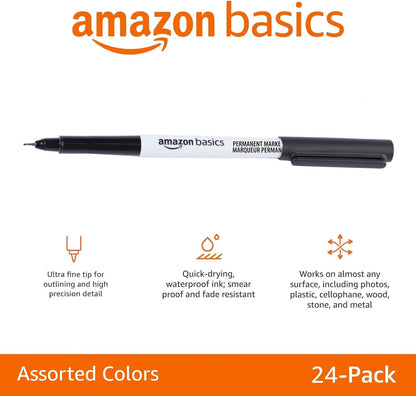 Amazon Basics Ultra Fine Point Permanent Markers for Drawing, Writing and Doodling, Quick Drying, Fade Resistant, Black, 24-Pack