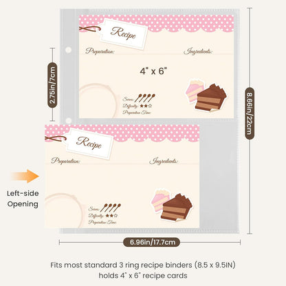 50 Pack Recipe Card Page Protectors, 4x6 Inch Recipe Card Sleeves, Sheet Protectors for 3 Ring Binder 8.5x9.5 Inch, 2 Pockets Per Page, Recipes Binder Refill Pages with 12 Tab Stickers