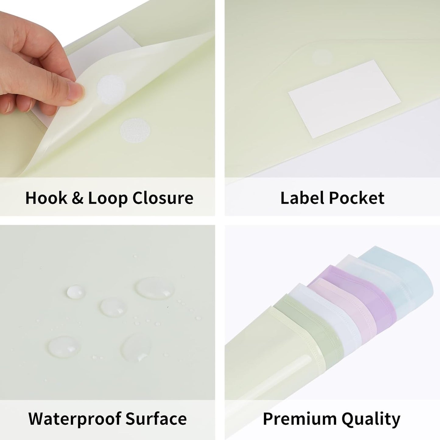 EOOUT 30 Pack 10 Color Plastic Envelopes Poly Envelopes, Hook & Loop Closure File Folders Clear Document Folders File Envelopes with Label Pocket A4 Size