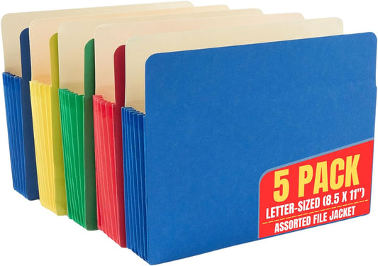 1InTheOffice File Jackets Letter Size, Expanding File Pockets, 3.5" Expansion, Reinforced, Assorted Colors, 5 Pack