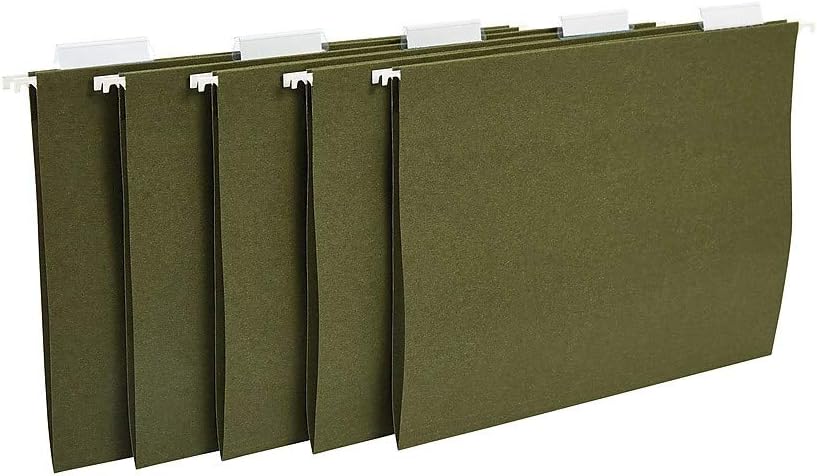 Staples Hanging File Folders, Letter Size, 1/5‑Cut Tabs, Standard Green, Includes Tabs & Paper Inserts – 25/Pack