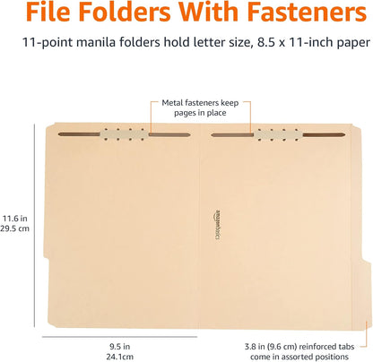 Amazon Basics Manila File Folders with Fasteners, 1/3 Cut Reinforced Tab, Letter Size, Expandable, Document Organizer, Beige, 50-Pack