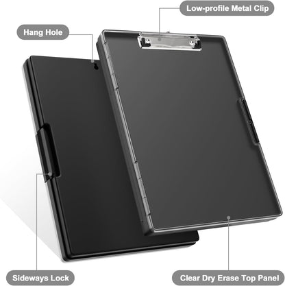 Piasoenc Clipboard with Storage, 8.5 x 11 Clip Boards with 2 Storage Case and A4 Paper Folder, Clear Dry Erase Top Panel, Heavy Duty Plastic, Folio & Side Opening, for Nurses, Teachers, Lawers,Black