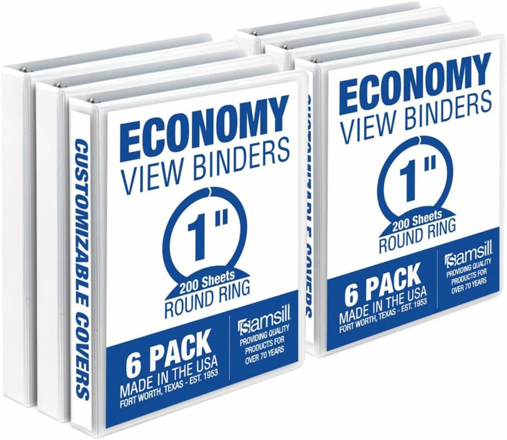 Samsill 1.5 Inch 3 Ring Binders, Economy Round Ring, Clear View Cover, 325 Sheet Capacity - for School, Home, Office - White, 4 Pack