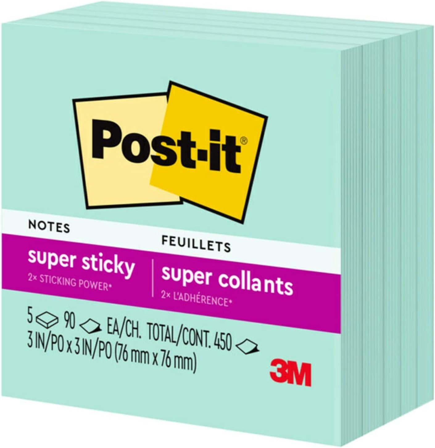 Post-it Super Sticky Notes, 5 Sticky Note Pads, 3 x 3 in., School Supplies, Office Products, for Vertical Surfaces, Monitors, Walls and Windows, First Snow White