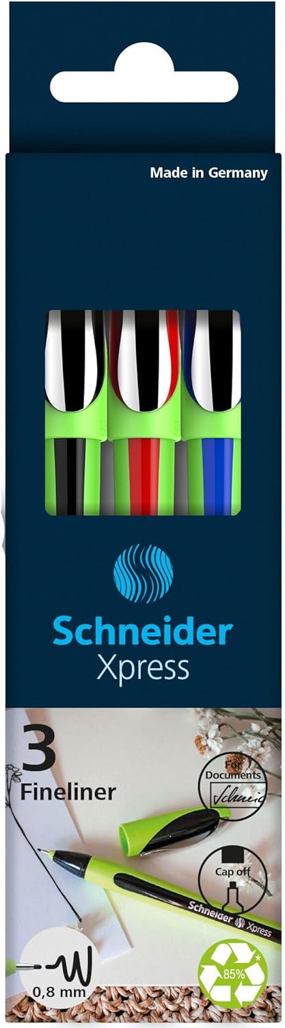 Schneider Xpress Premium Fineliner, 0.8 mm Porous Point, Light Green Barrel, Blue Ink, Box of 10 Pens (190003)