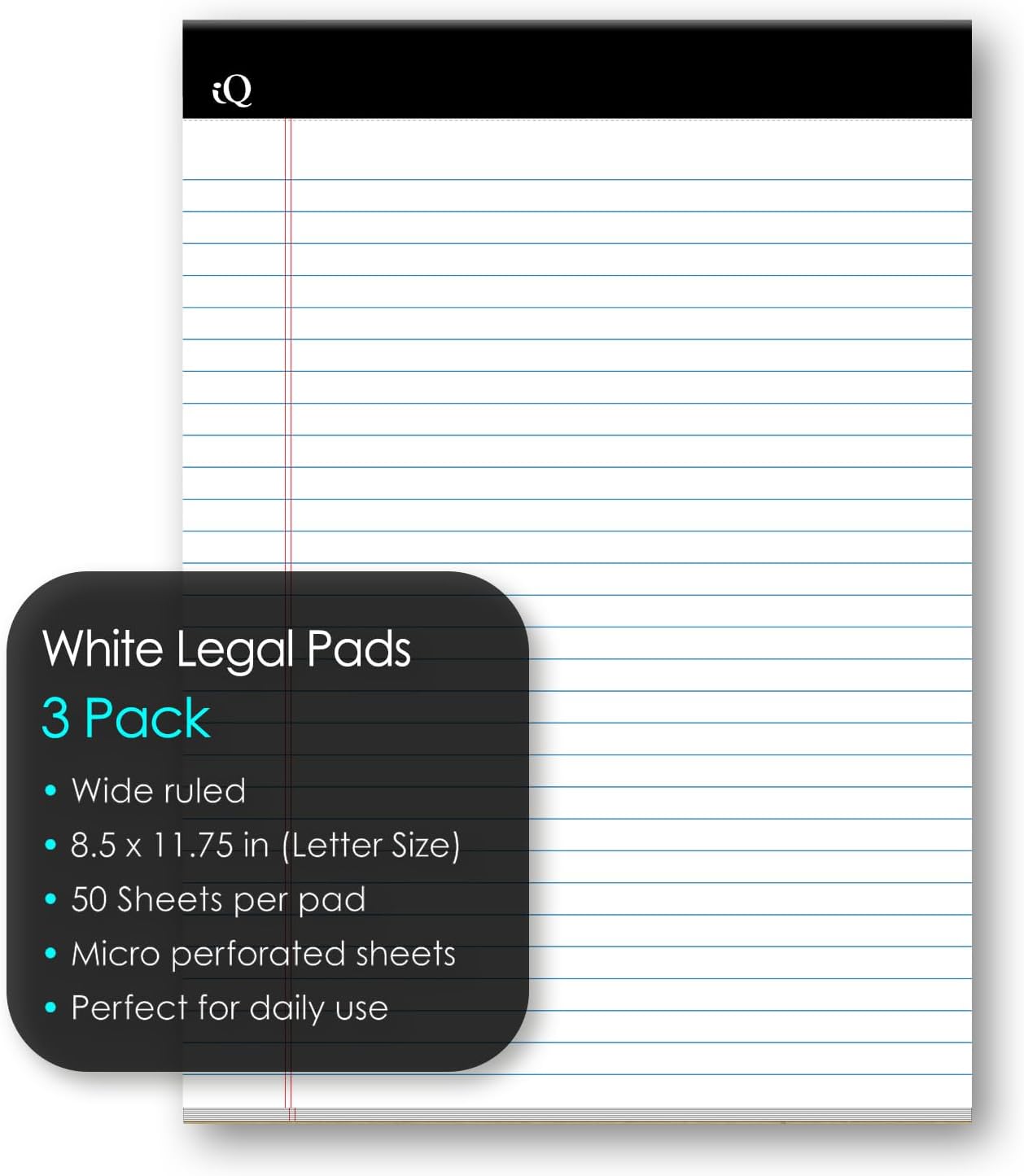 iScholar iQ Legal Pads, White, Wide Ruled, 8.5" x 11.75", 50 Sheets Per Pad, Pack of 3 Pads (68113)