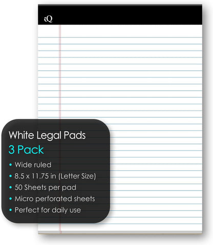 iScholar iQ Legal Pads, White, Wide Ruled, 8.5" x 11.75", 50 Sheets Per Pad, Pack of 3 Pads (68113)