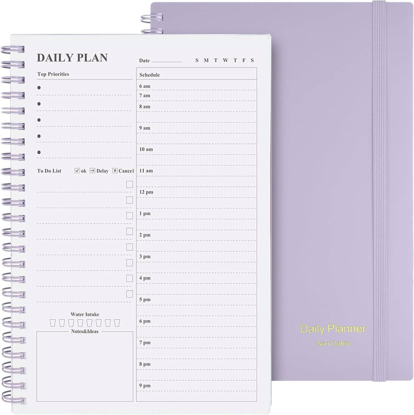 Daily Planner Undated, Asten To Do List Notebook Hourly Schedules Spiral Appointment Planner for Men and Women,PVC Hardcover,Elastic Closure, Inner Pocket 8.3" x 5.8" (Black)