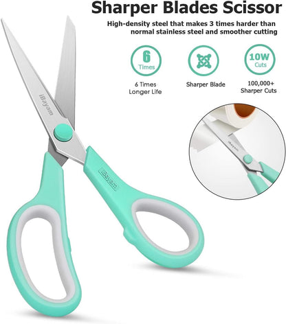 Scissors, iBayam 8" All Purpose Scissors Bulk 3-Pack, Ultra Sharp 2.5mm Thick Blade Shears Comfort-Grip for Aesthetic Fun Cute School Office Teacher Desk Crafts and Art Supplies Accessories Essential