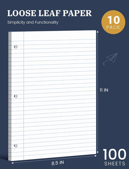 Loose Leaf Paper, 300 Sheets Filler Notebook Paper, 3-Hole Punched Binder Papers 8-1/2 x 11 In, Wide Ruled Lined Paper 8.5 x 11 for 3 Ring Binder, White, 3 Pack, 100 Sheets/Pad
