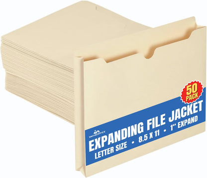 1InTheOffice File Jacket Folders, Manila, Letter Size, Reinforced Straight-Cut Tab, 1" Expansion, 50 Pack