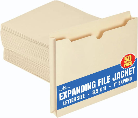 1InTheOffice File Jacket Folders, Manila, Letter Size, Reinforced Straight-Cut Tab, 1" Expansion, 50 Pack