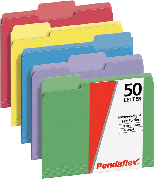 Pendaflex Heavy Duty File Folders, 50 Pack, Letter Size (8.5" x 11"), 3 Tabs, Extra Durable Paper, 5 Assorted Colors, Color-Coding for School, Office & Home Document Organization