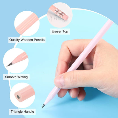 PATIKIL Round Pencils, 24 Pcs Triangle HB Graphite Pencil Wooden Pencils with Eraser for Classroom Office Writing Drawing Supplies, White