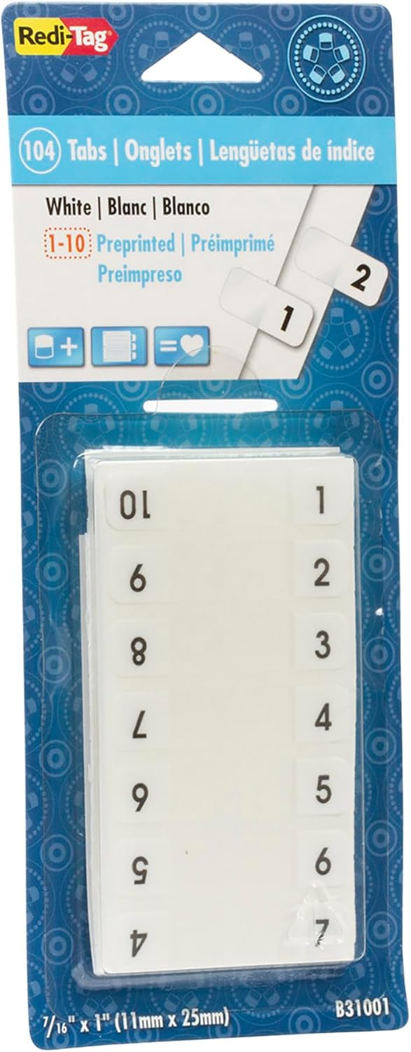 Redi-Tag Numbered Tabs, 11-20 Pre-Printed Divider Tabs, Permanent Adhesive Index Labels, 7/16" x 1", 104 Tabs Per Pack, (B31002)