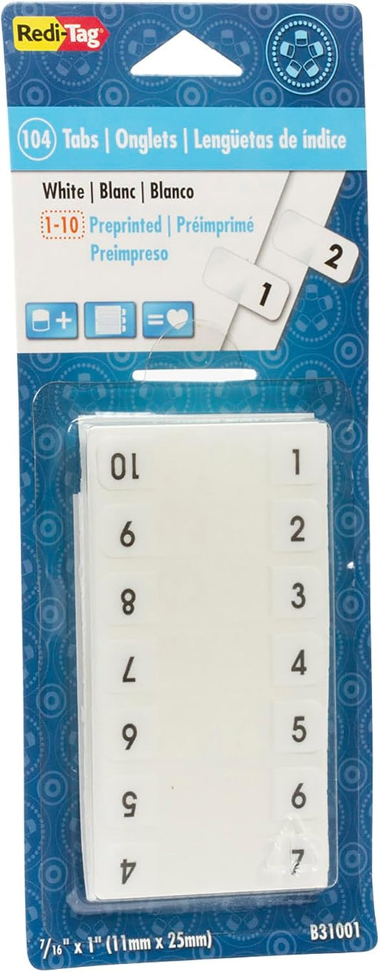 Redi-Tag Numbered Tabs, 11-20 Pre-Printed Divider Tabs, Permanent Adhesive Index Labels, 7/16" x 1", 104 Tabs Per Pack, (B31002)