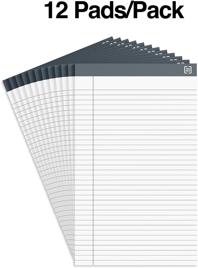 TRU RED Legal Pads, 8.5” x 14”, Wide Ruled, White, 50 Sheets/Pad, 12‑Pack
