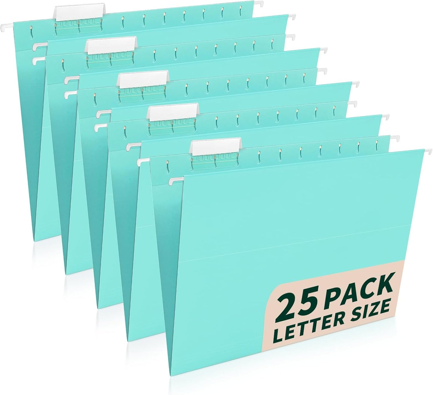 25-Pack Green Hanging File Folders, Letter Size (8.5" x 11") with 1/5-Cut Tabs,Includes 35 Transparent Label Cards & 50 Sticker Labels for Home & Office Organization