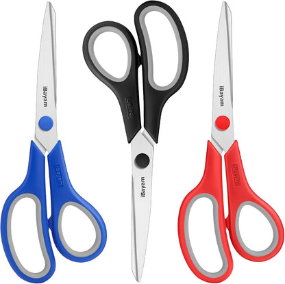 Scissors, iBayam 8" All Purpose Scissors Bulk 3-Pack, Ultra Sharp 2.5mm Thick Blade Shears Comfort-Grip for Aesthetic Fun Cute School Office Teacher Desk Crafts and Art Supplies Accessories Essential