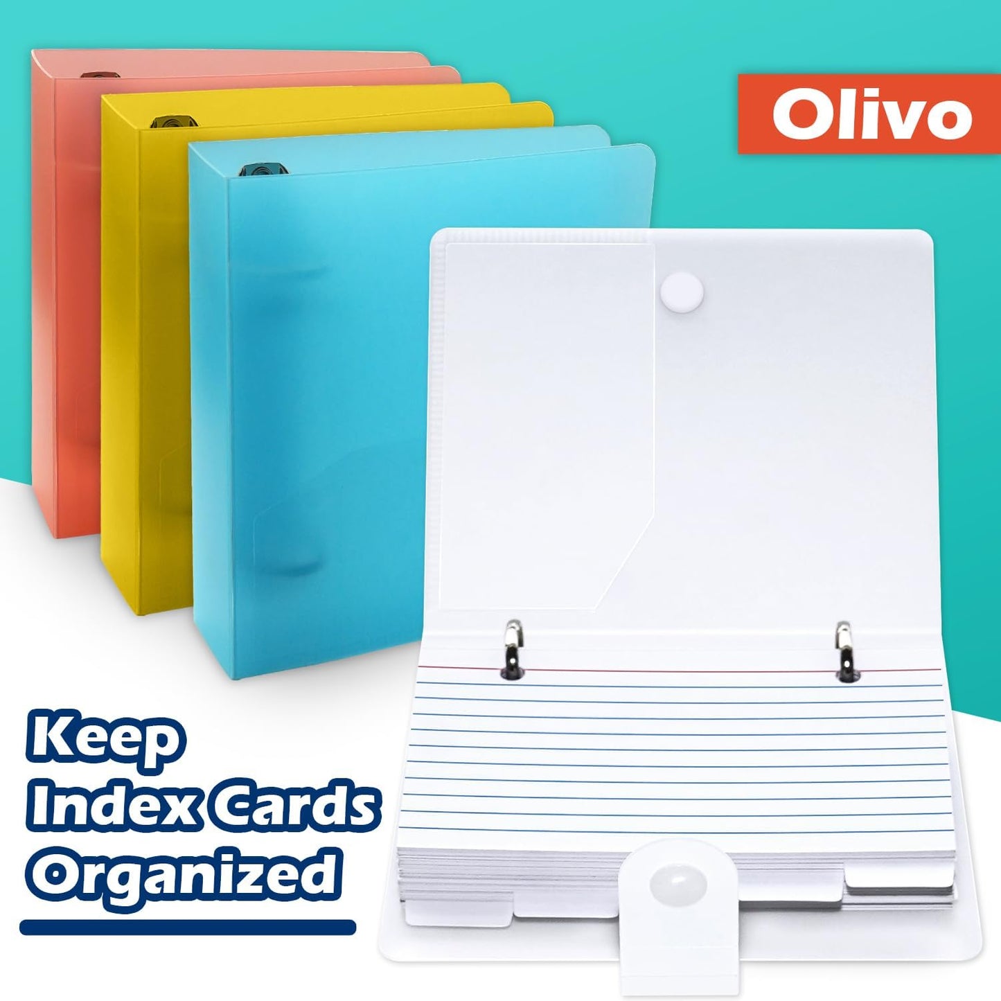 3x5 Lined Index Cards with Ring Binder Holder and Dividers, 100 Ruled Cards, Blue