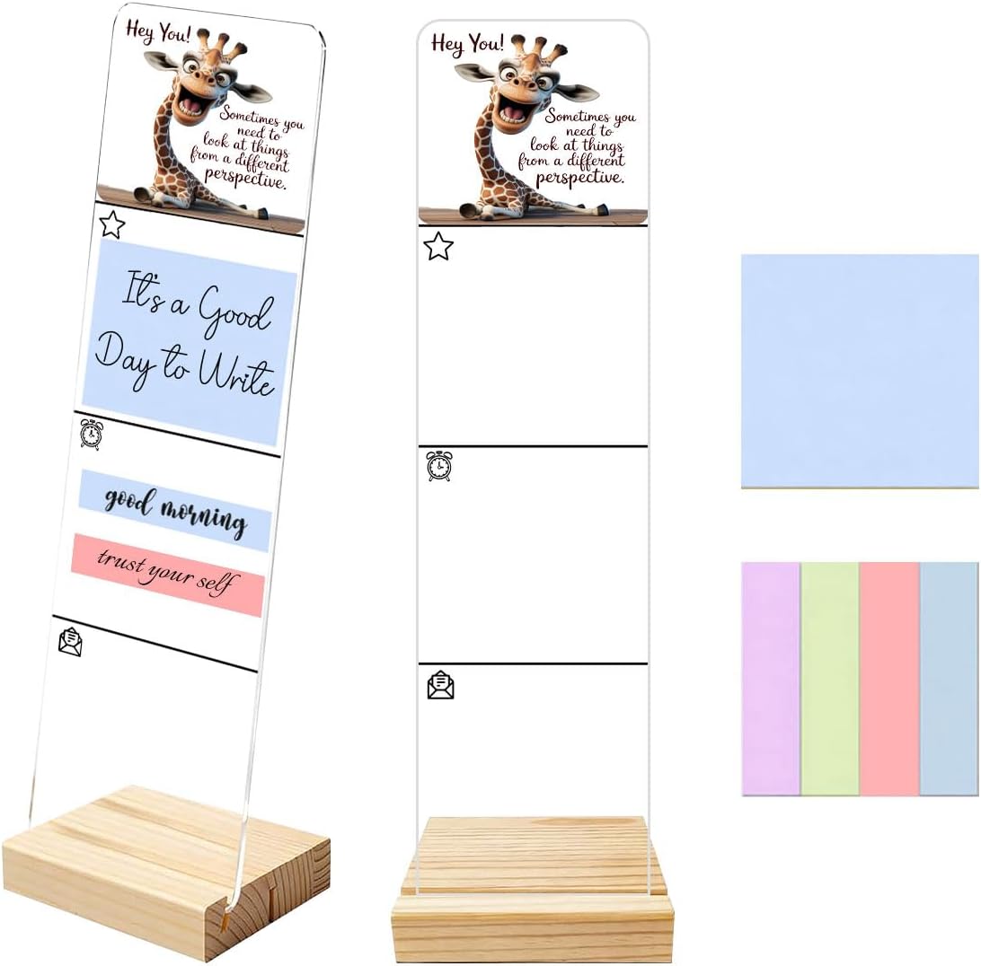 Sticky Notes Monitor Memo Board Acrylic Note Holder with Removable Wooden Base, Everything is Fine Logo Desk Set Includes 200 Sheets Two Sizes Sticky Notes, Office Desk Accessories Organizer