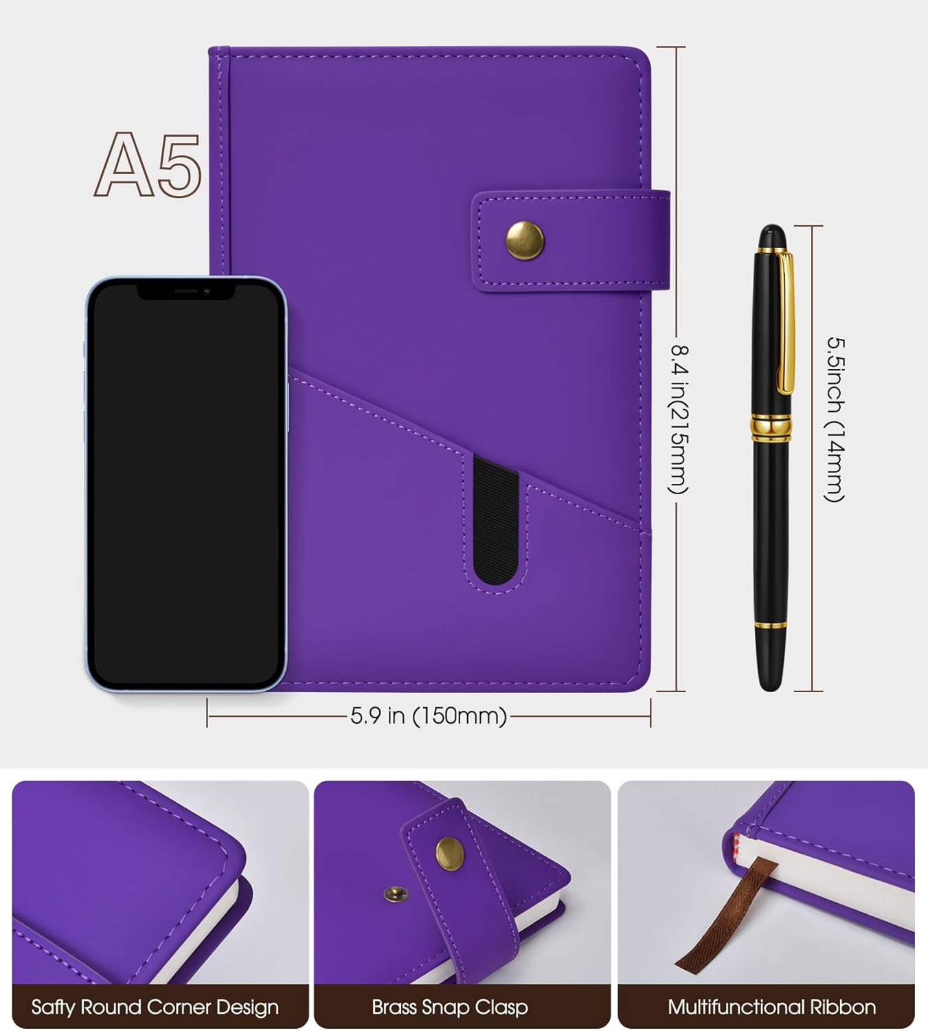 Lined Journal Notebook with Pen, A5 Personalized Hardcover Leather Journal for Men Women, 200 Pages 100 GSM Thick Paper College Ruled Notebooks for Work Travel School Writing Diary 5.9" X 8.4" Black