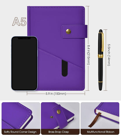 Lined Journal Notebook with Pen, A5 Personalized Hardcover Leather Journal for Men Women, 200 Pages 100 GSM Thick Paper College Ruled Notebooks for Work Travel School Writing Diary 5.9" X 8.4" Black