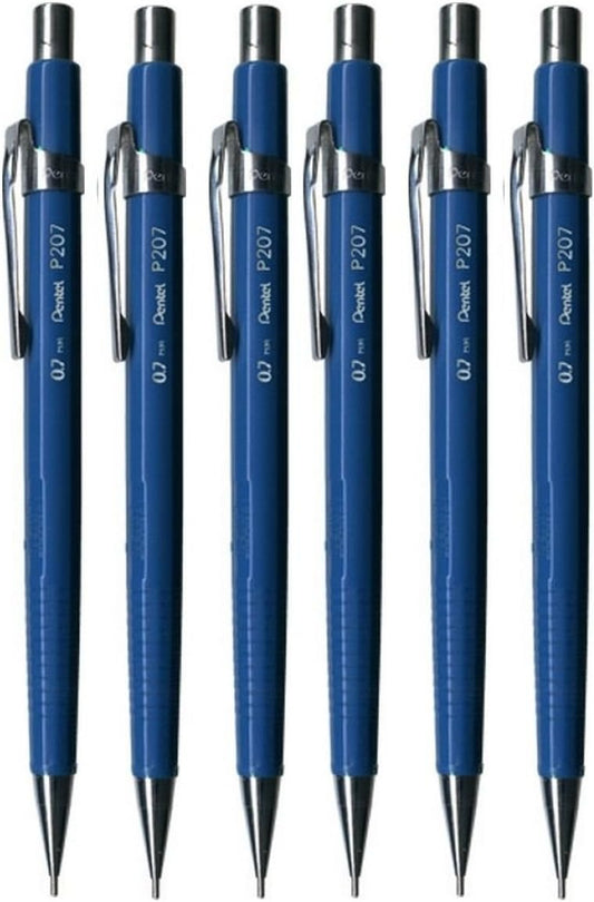 Pentel 0.7mm (P207) Blue P200 Series Automatic Mechanical Draughting Pencil Refillable Lead Eraser P207-C (Pack Of 6)