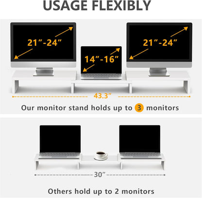 TAVR Dual Monitor Stand Riser Office Desktop Organizer Stand for 2 Monitors, Adjustable Length and Angle 3 Shelf, Extra Long Multifunctional Wooden Stand up to 43.3" fit Computer, Laptop, TV, Black