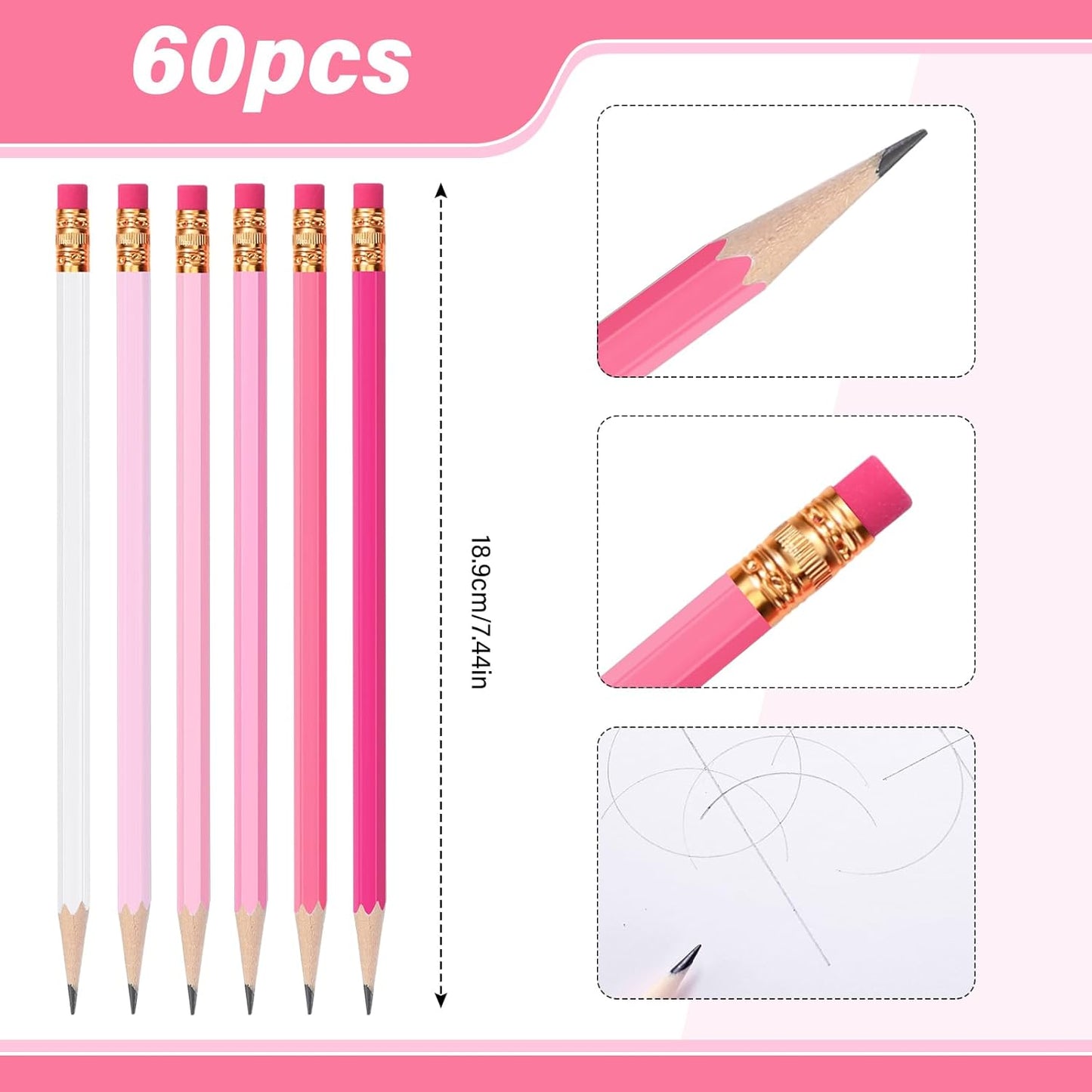 TecUnite 60 Pcs HB Pencils #2 Unsharpened Wood Cased Pencils with Eraser Hexagonal Pencil Cute Graphite No 2 Pen for Adults Gifts Exam School Office Sketching Learning (Wood Color, Silver)