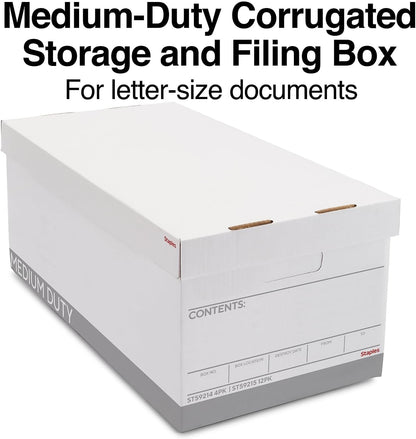 STAPLES Storage & Filing Box, Medium-Duty with Handles & Removeable Lid, Letter Size Documents, Stackable, 12-Pack, White/Gray