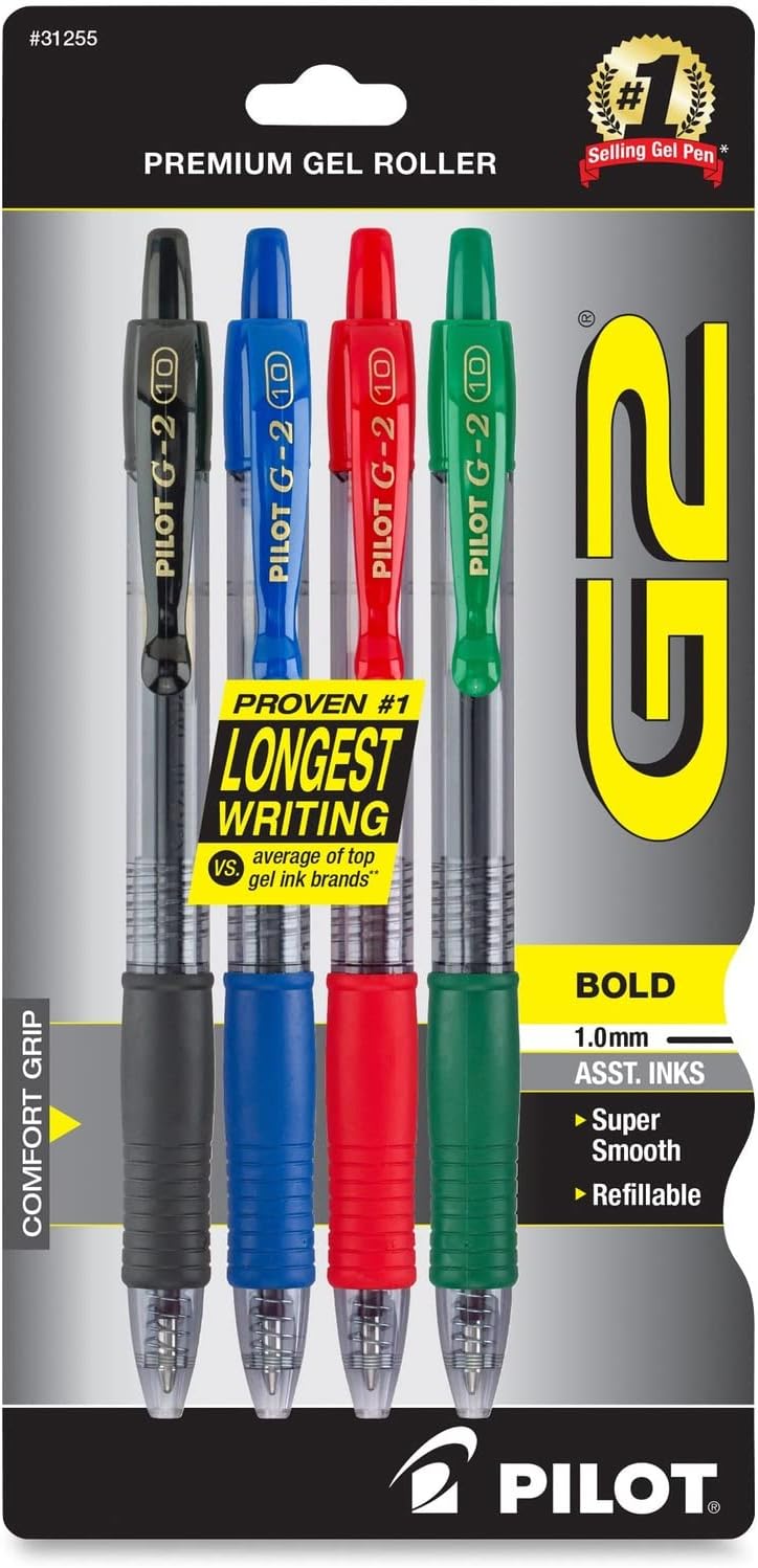 PILOT G2 Premium Refillable and Retractable Rolling Ball Gel Pens, Bold Point, Black Ink, 4-Pack (31254)