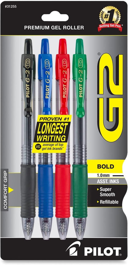 PILOT G2 Premium Refillable and Retractable Rolling Ball Gel Pens, Bold Point, Black Ink, 4-Pack (31254)