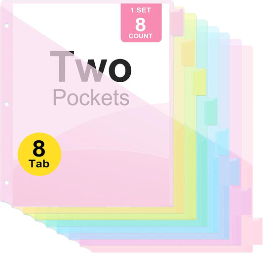 8 Count Binder Dividers with Two Pockets, 8 Tabs Binder Dividers for 3 Ring Binder Letter Size, Durable Plastic Binder Divider with Tabs, Insertable Big Tabs, 1 Set, Pastel