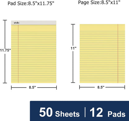 ViVin Legal Pads 8.5 x 11 Inch, Wide Ruled Note Pads, 12 Pack, 50 Sheet/Pad, Perforated Writing Pads, Notepads for Office Home School, 600 Sheets, White Paper