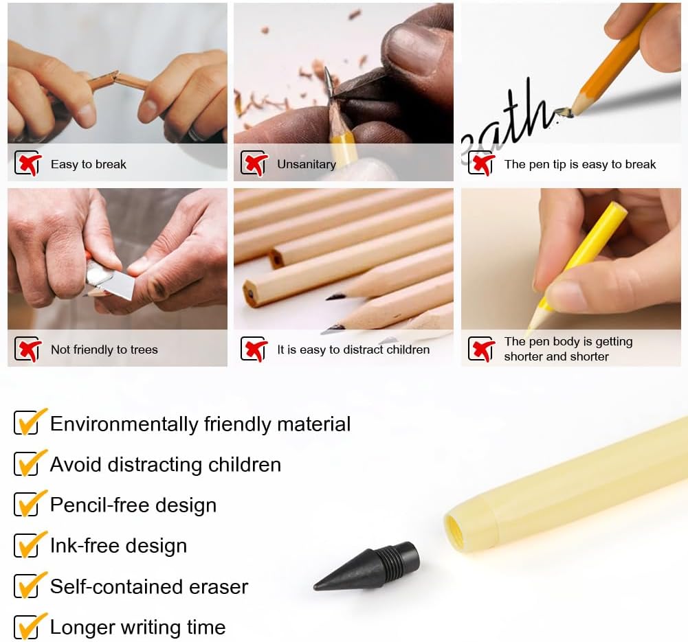 HOTUT Inkless Pencil - 4pcs Everlasting Wooden Infinity Pencil, Wood-Cased Graphite Reusable for Writing Drawing, Students Home Office School Supplies