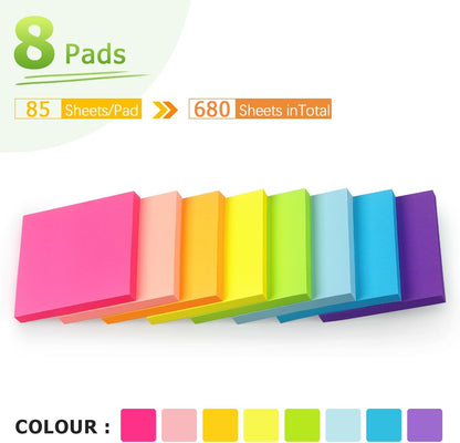 Sticky Notes 3x3 inch Bright Colors Self-Stick Pads 8 Pads/Pack 85 Sheets/Pad Total 680 Sheets
