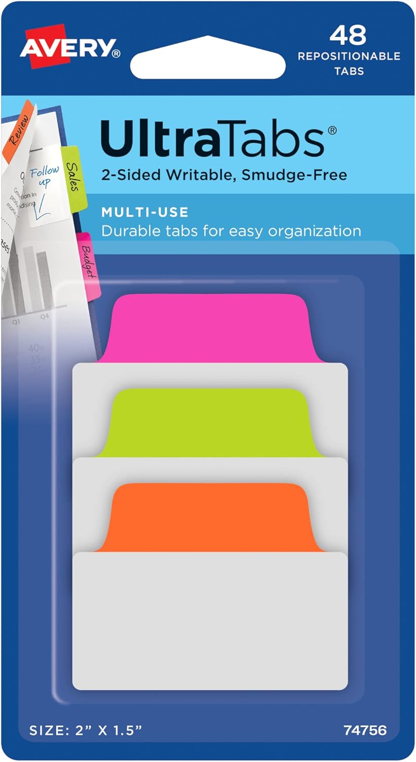 Avery Multiuse Ultra Tabs, 2" x 1.5", 2-Side Writable, Assorted Pastel Dots, 24 Repositionable Tabs (74773)