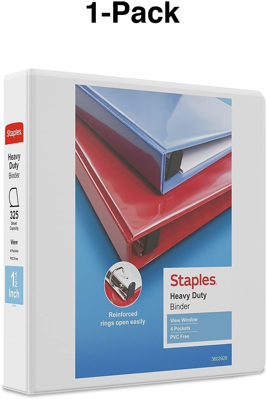 Staples Heavy-Duty 2-Inch D-Ring View Binder, Reinforced Spine, Holds Up to 450 Sheets, Gray, for Office & School