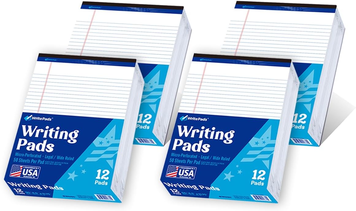6 Pack Legal Note Pads Wide Ruled 8.5" x 11" Writing Pads (50 Sheets/Pad) White Recycled Paper Micro-Perforated Notepad Hard Back Notepads for Office & School Supplies - Made in USA